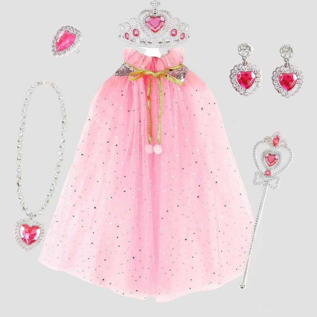 Kids' Princess Costume Set featuring a colorful cloak, tiara, and accessories, perfect for Halloween dress-up for girls in pink, blue, purple, 0